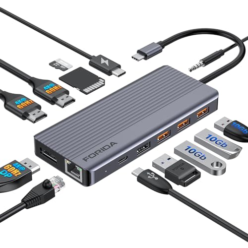 USB C Docking Station Trible Display, 13 in 1 USB C -Hub mit Dual 4K@60Hz HDMI, 1 4K@60Hz Display-Port, 100W PD, Ethernet, SD/TF, 2*USB 3.2 & 1*USB C 10 GBPS, 2*USB 2.0, mic/Audio von FORIDA