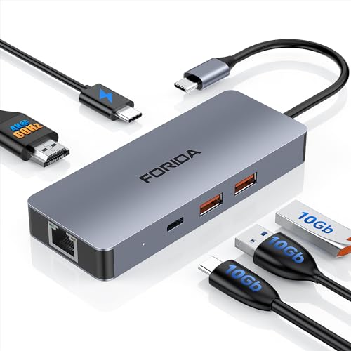 USB C Hub 10Gbps, FORIDA USB C 3.2 Adapter Mit 4K@60HZ HDMI, Gigabit Ethernet, 2*USB A 3.2 & 1*USB C 3.2, 100W PD. USB C Docking Station Für iPhone 15/MacBook/Surface Pro/Dell/iPad/Steam Deck/Samsung von FORIDA