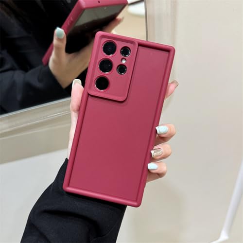 Candy Liquid Silicone Soft Case für Samsung Galaxy S24 S23 S22 S21 Ultra Plus FE A54 A34 A14 A73 A53 A33 Objektivschutzabdeckung, Weinrot, Für S21 von FORLUZ