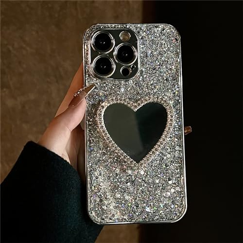 FORLUZ Luxuriöse Glitzerbeschichtung mit Liebesherz, Spiegel und Pailletten, Hülle für iPhone 16 14 15 13 12 Pro Max 11 INS, Objektivschutzhülle, Silber, für iPhone 14 FORLUZ Luxuriöse Glitzerbeschichtung mit Liebesherz, Spiegel und Pailletten, Hülle für iPhone 16 14 15 13 12 Pro Max 11 INS, Objektivschutzhülle, Silber, für iPhone 14 von FORLUZ