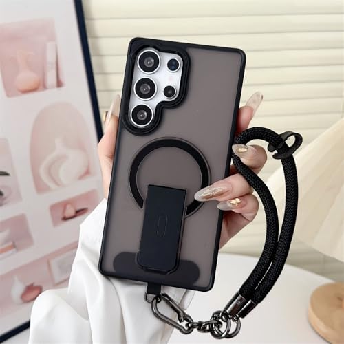 FORLUZ Luxuriöse Handyhülle mit magnetischem Lanyard und Klappständer für Samsung S25 Edge S24 Plus FE S23 Ultra, kabellose Ladehülle, durchscheinend schwarz, für Galaxy S24Ultra von FORLUZ