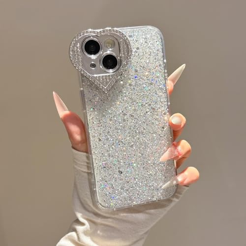 FORLUZ Luxuriöse Hülle mit Diamant-Liebesherz-Kamera und Glitzer-Pailletten für iPhone 16 15 14 Plus 13 12 Pro Max 11, Silber (für iPhone 16 Plus/Glitzer) von FORLUZ