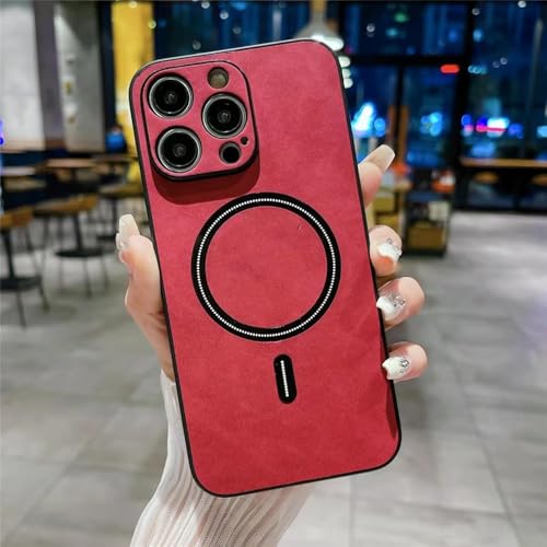 FORLUZ Luxuriöse magnetische Lederhülle für iPhone 15 14 13 12 11 Pro Max Plus XS Max XR X Kabelloses Ladetelefonzubehör, rot, für iPhone 13 ProMax von FORLUZ