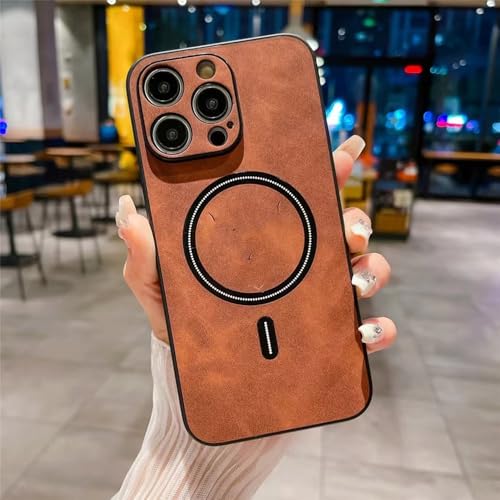 FORLUZ Luxuriöse magnetische Lederhülle für iPhone 15 14 13 12 11 Pro Max Plus XS Max XR X kabelloses Ladetelefonzubehör, Dunkelbraun, Für iPhone 15 Pro von FORLUZ