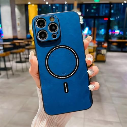FORLUZ Luxuriöse magnetische Lederhülle für iPhone 15 14 13 12 11 Pro Max Plus XS Max XR X kabelloses Ladetelefonzubehör, blau, für iPhone 14 Pro von FORLUZ