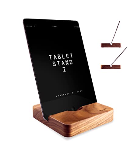 ZLOH® Tablet Halterung Holz iPad Ständer Handy Halterung 2 Betrachtungswinkel (15 x 15 x 3cm) ideales Schreibtisch Zubehör und Handyhalterung für Home Office aus Massivholz rutschfest (Nussbaum) von FORMGUT