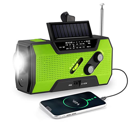 Kurbelradio mit Handyladefunktion Solar, FORNORM Tragbares Notfallradio Powerbank mit Taschenlampe und USB Ladegerät, AM/FM/NOAA, 4 Modi Aufladen, SOS Alarm für Wandern Camping Ourdoor, Grün von FORNORM