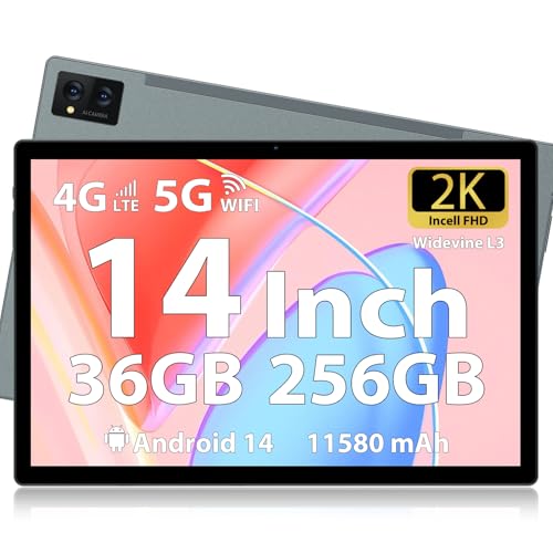 FORUSER Tablet 14 Zoll Android 14 mit Incell 2K Tablets, 36(12+24) GB RAM +256GB ROM (2TB TF), 11580mAh Akku, Octa-Core, 4G Dual SIM/5G WiFi/GPS,Tablet mit Stift und Hülle(Grau) von FORUSER