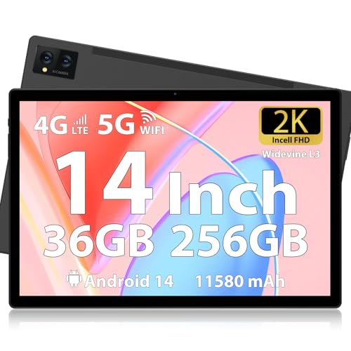 FORUSER Tablet 14 Zoll Android 14 mit Incell 2K Tablets, 36(12+24) GB RAM +256GB ROM (2TB TF), 11580mAh Akku, Octa-Core, 4G Dual SIM/5G WiFi/GPS,Tablet mit Stift und Hülle(Schwarz) von FORUSER