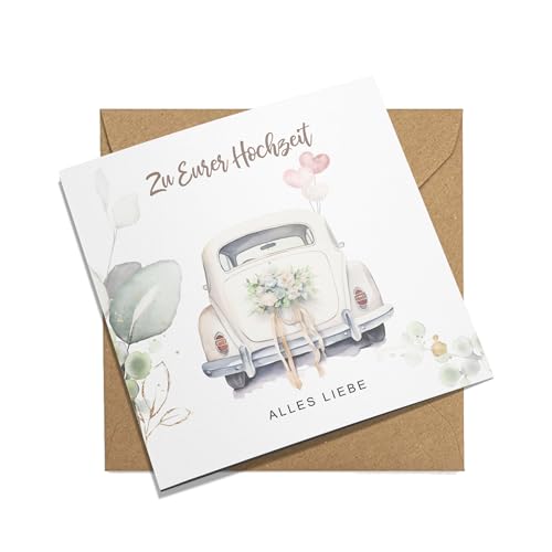 FORYOU24 MYPRINTZ Glückwunschkarte zur Hochzeit mit Umschlag aus Kraftpapier. Hochzeitskarte Grußkarte Vermählung Just Married Wedding Motiv Auto (KT_116) von FORYOU24