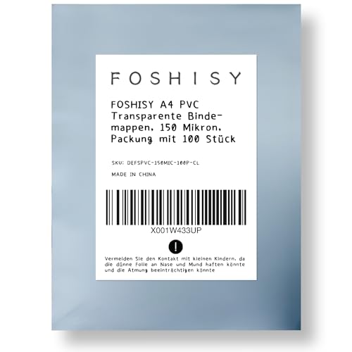 FOSHISY A4 PVC Transparente Folie, Klarsichtfolie, Spiralbindung, Klare Kunststoff-bindungsabdeckungen, Packung mit 100 (150 Mikron, klar, 100P) von FOSHISY