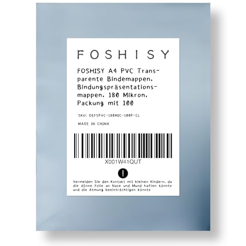 FOSHISY A4 PVC Transparente Folie, Klarsichtfolie, Spiralbindung, Klare Kunststoff-bindungsabdeckungen, Packung mit 100 (180 Mikron, klar, 100P) von FOSHISY