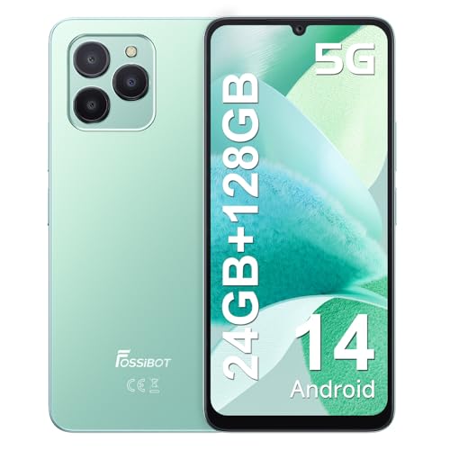 FOSSiBOT Smartphone 5G, Handy ohne Vertrag, 24GB+128GB, 6,745 Zoll HD IPS-Display, 50MP+8MP, Android 14, Dual-SIM Handy 5G, Unterstützung NFC/GPS/OTG/Fingerabdruckerkennung/Gesichtserkennung (Grün) von FOSSiBOT