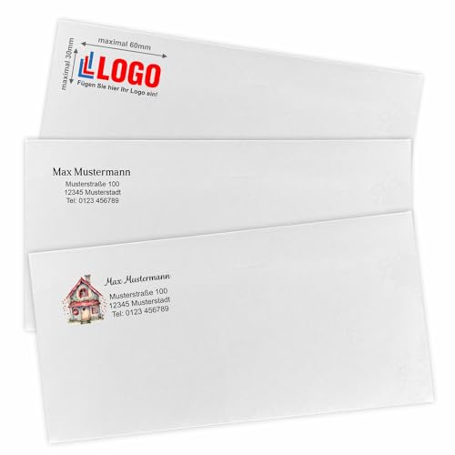 Bedruckte Briefumschläge Personalisierung mit Logo, Design Absenderadresse DIN lang ohne Fenster selbstklebend 75g 22x11 cm weiß (LOGO, 100 Stück) von FOTOFOL