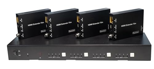 FOURKAY 4x4 4K HDMI über CAT6/7 Ethernet Matrix Switch mit 4 PoE-Empfängern und 4 gespiegelten HDMI-Ausgängen. Downscaling-Optionen von 4K auf 1080p. Matrixierter Infrarot-Rücklauf. HDCP 2.2 von FOURKAY