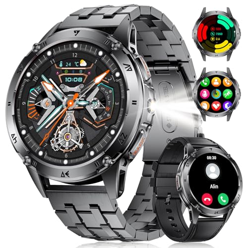 FOXBOX Military Smartwatch Herren mit Telefonfunktion Taschenlampe,1.43'' AMOLED 530mAh 5ATM Wasserdicht,100+ Sport Modi Smart Watch Herzfrequenz Blutdruckmessung Schlafmonitor Android iOS Tiefschwarz von FOXBOX