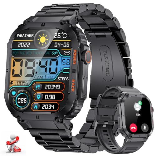FOXBOX Smartwatch Herren mit Telefonfunktion, 1.96" Militär Smart Watch mit 24/7 Herzfrequenz, Blutdruck, Schlafüberwachung für Android iOS, 100+ Sportmodi Fitnessuhr, IP68 Wasserdicht, 400mah von FOXBOX