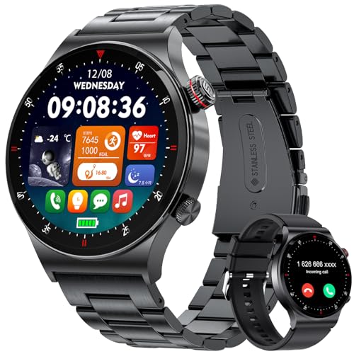 FOXBOX Smartwatch Herren mit Telefonfunktion,1.43" AMOLED Fitness Tracker,100+ Sportmodi,IP68 Wasserdicht Sportuhr mit Herzfrequenz Schlafmonitor,Edelstahl Smart Watch für Android iOS von FOXBOX