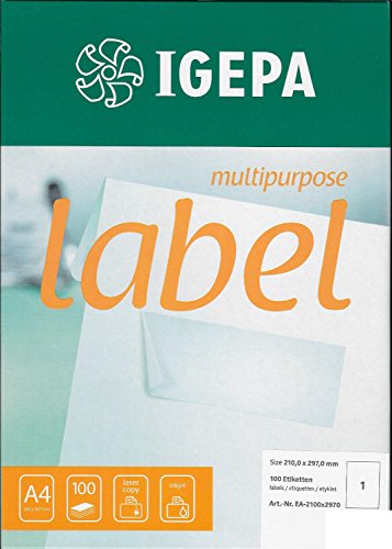 100 Universal-Etiketten weiß Uni A4 297 x 210 mm, 100 Bogen A4, vollflächig selbstklebende Etiketten 100 Universal-Etiketten weiß Uni A4 297 x 210 mm, 100 Bogen A4, vollflächig selbstklebende Etiketten von Galeria Papieru