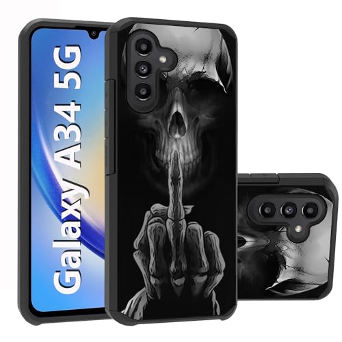 FQTBCEARI Galaxy A34 5G Hülle, 2 in 1 Hybrid Hard PC & Soft Silicone Heavy Duty Dual Layer Shockproof Full Body Protective Case for Samsung Galaxy A34 5G 2023 - Funny Skeleton Skull von FQTBCEARI