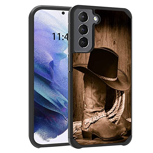 FQTBCEARI Schutzhülle für Samsung Galaxy S22, 2 in 1 Hybrid Hard PC & Soft Silikon Heavy Duty Dual Layer Stoßfest Schutz Case für Samsung Galaxy S22 - Western Cowboy Equipment Boots and Hat von FQTBCEARI