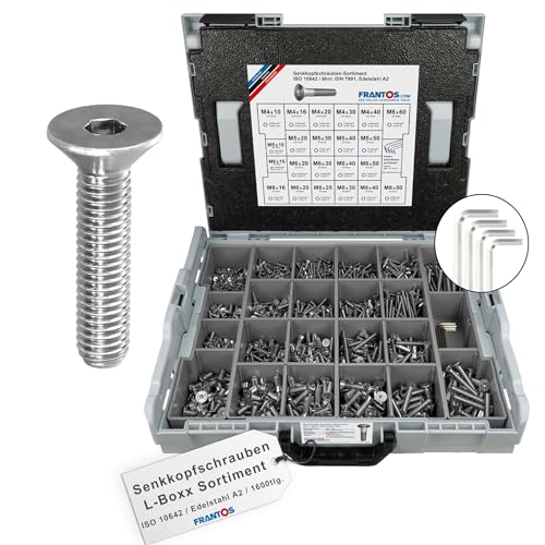 FRANTOS L-Boxx Sortimentskoffer mit Innensechskant Senkkopfschrauben ISO 10642 in Edelstahl A2-1.600 tlg. + 4 Winkelschlüssel I Senkschrauben Schraubensortiment Set FRANTOS L-Boxx Sortimentskoffer mit Innensechskant Senkkopfschrauben ISO 10642 in Edelstahl A2-1.600 tlg. + 4 Winkelschlüssel I Senkschrauben Schraubensortiment Set von FRANTOS