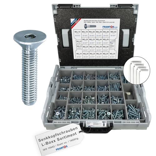 FRANTOS L-Boxx Sortimentskoffer mit Innensechskant Senkkopfschrauben ISO 10642 in Stahl verzinkt - 1.600 tlg. + 4 Winkelschlüssel I Senkschrauben Schraubensortiment Set FRANTOS L-Boxx Sortimentskoffer mit Innensechskant Senkkopfschrauben ISO 10642 in Stahl verzinkt - 1.600 tlg. + 4 Winkelschlüssel I Senkschrauben Schraubensortiment Set von FRANTOS