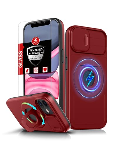 FRLMOOES Magnetische Schutzhülle für iPhone 11, kompatibel mit MagSafe kabellosem Laden, mit 2 Displayschutzfolien, mit Ständerring und Kamera-Abdeckung, stoßdämpfender, robuster Schutz, Rot FRLMOOES Magnetische Schutzhülle für iPhone 11, kompatibel mit MagSafe kabellosem Laden, mit 2 Displayschutzfolien, mit Ständerring und Kamera-Abdeckung, stoßdämpfender, robuster Schutz, Rot von FRLMOOES