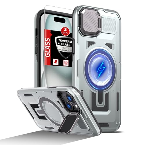 FRLMOOES Magnetische Schutzhülle für iPhone 15, kompatibel mit MagSafe kabellosem Laden, mit 2 Displayschutzfolien, für 15 Hülle, integrierter Ständer, Kamera-Abdeckung, kratzfest, stoßfest FRLMOOES Magnetische Schutzhülle für iPhone 15, kompatibel mit MagSafe kabellosem Laden, mit 2 Displayschutzfolien, für 15 Hülle, integrierter Ständer, Kamera-Abdeckung, kratzfest, stoßfest von FRLMOOES