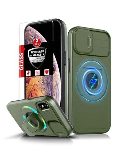 FRLMOOES Magnetische Schutzhülle für iPhone Xs, kompatibel mit MagSafe kabellosem Laden, mit 2 Displayschutzfolien, mit Ständerring und Kamera-Abdeckung, stoßdämpfender, robuster Schutz, Grün FRLMOOES Magnetische Schutzhülle für iPhone Xs, kompatibel mit MagSafe kabellosem Laden, mit 2 Displayschutzfolien, mit Ständerring und Kamera-Abdeckung, stoßdämpfender, robuster Schutz, Grün von FRLMOOES