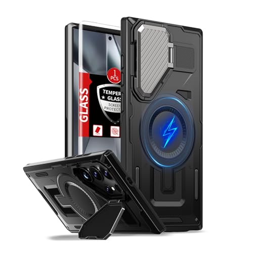 FRLMOOES Schutzhülle für Samsung Galaxy S24 Ultra, kompatibel mit MagSafe, magnetisches, kabelloses Laden, mit Kamera-Abdeckung, Ständer, mit Displayschutzfolie, stoßfest, kratzfest, robuster Schutz von FRLMOOES