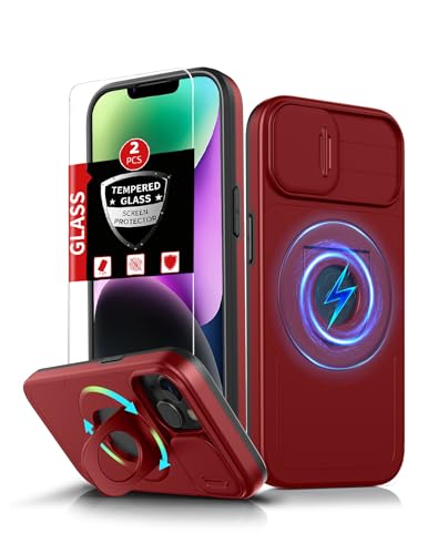 FRLMOOES Schutzhülle für iPhone 13 / iPhone 14, magnetisch, kompatibel mit MagSafe kabellosem Laden, mit 2 Displayschutzfolien, mit Ständerring und Kamera-Abdeckung, stoßdämpfend, strapazierfähig, Rot FRLMOOES Schutzhülle für iPhone 13 / iPhone 14, magnetisch, kompatibel mit MagSafe kabellosem Laden, mit 2 Displayschutzfolien, mit Ständerring und Kamera-Abdeckung, stoßdämpfend, strapazierfähig, Rot von FRLMOOES
