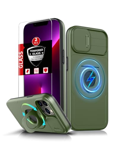 FRLMOOES Schutzhülle für iPhone 13 Pro, magnetisch, kompatibel mit kabellosem MagSafe, mit 2 Displayschutzfolien, integriertem 360°-Ständerring und Kamera-Abdeckung, kratzfest, stoßfest von FRLMOOES