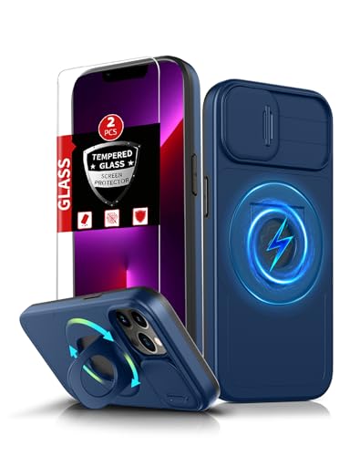 FRLMOOES Schutzhülle für iPhone 13 Pro, magnetisch, kompatibel mit kabellosem MagSafe, mit 2 Displayschutzfolien, integriertem 360°-Ständerring und Kamera-Abdeckung, kratzfest, stoßfest von FRLMOOES