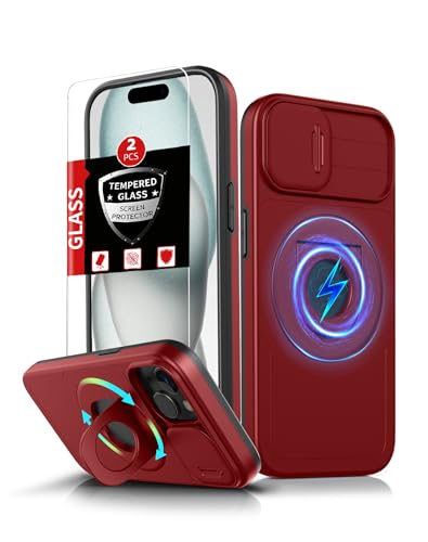 FRLMOOES Schutzhülle für iPhone 14 Plus, magnetisch, kompatibel mit kabellosem MagSafe, mit 2 Displayschutzfolien, integriertem 360°-Ständerring und Kamera-Abdeckung, kratzfest, stoßfest von FRLMOOES