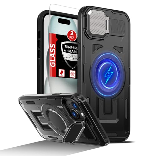 FRLMOOES Schutzhülle für iPhone 15, kompatibel mit MagSafe, magnetisches, kabelloses Laden, integrierte Kamera-Abdeckung, Ständer, mit 2 Glas-Displayschutzfolien, stoßfest, kratzfest, strapazierfähig FRLMOOES Schutzhülle für iPhone 15, kompatibel mit MagSafe, magnetisches, kabelloses Laden, integrierte Kamera-Abdeckung, Ständer, mit 2 Glas-Displayschutzfolien, stoßfest, kratzfest, strapazierfähig von FRLMOOES