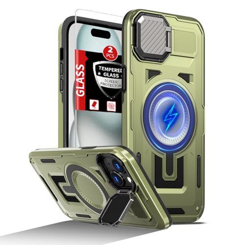 FRLMOOES Schutzhülle für iPhone 15, kompatibel mit MagSafe, magnetisches, kabelloses Laden, integrierte Kamera-Abdeckung, Ständer, mit 2 Glas-Displayschutzfolien, stoßfest, kratzfest, robuster Schutz FRLMOOES Schutzhülle für iPhone 15, kompatibel mit MagSafe, magnetisches, kabelloses Laden, integrierte Kamera-Abdeckung, Ständer, mit 2 Glas-Displayschutzfolien, stoßfest, kratzfest, robuster Schutz von FRLMOOES