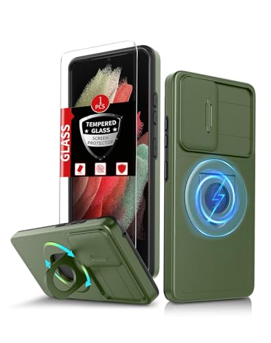 FRLMOOES für Samsung Galaxy S21 Ultra Hülle kompatibel mit Magnetisch Kabelloses Laden Schutzhülle für S21Ultra Handyhülle mit Stück Panzerglas,Ständer Ring & Eingebauter Kameraschutz Stoßfest Grün von FRLMOOES