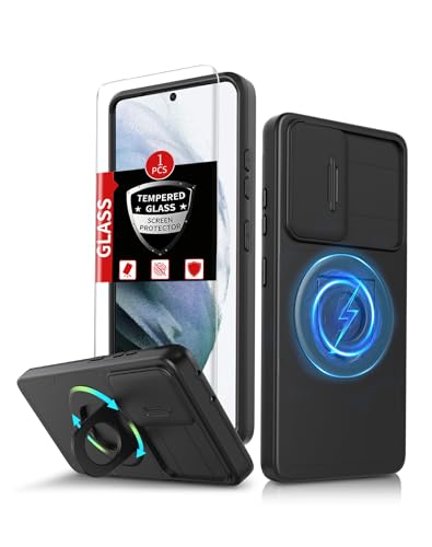 FRLMOOES für Samsung Galaxy S21 Plus Hülle kompatibel mit Magnetisch Kabelloses Laden Schutzhülle für S21+Plus Handyhülle mit Stück Panzerglas,Ständer Ring & Eingebauter Kameraschutz Stoßfest Schwarz von FRLMOOES