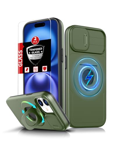 FRLMOOES für iPhone 16 Hülle kompatibel mit MagSafe Magnetisch Kabelloses Laden Schutzhülle,für iPhone 16 Handyhülle mit 2 Stück Panzerglas,Eingebauter Ständer Ring & Kameraschutz Stoßfest Grün FRLMOOES für iPhone 16 Hülle kompatibel mit MagSafe Magnetisch Kabelloses Laden Schutzhülle,für iPhone 16 Handyhülle mit 2 Stück Panzerglas,Eingebauter Ständer Ring & Kameraschutz Stoßfest Grün von FRLMOOES