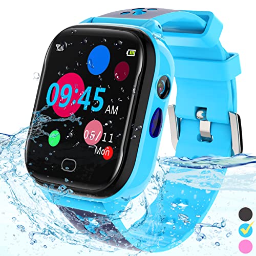 FRLONE Kinder-Smartwatch Telefon – IP67 Smartwatch Jungen Mädchen mit Touchscreen 5 Spiele Kamera Alarm SOS Anruf Digital Armbanduhr für 3-13 Jahre Kinder Geburtstagsgeschenk (Blau) von FRLONE