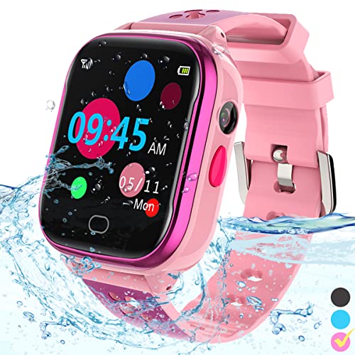 FRLONE Kinder-Smartwatch Telefon – IP67 Smartwatch Jungen Mädchen mit Touchscreen 5 Spiele Kamera Alarm SOS Anruf Digital Armbanduhr für 3-13 Jahre Kinder Geburtstagsgeschenk (Rosa) von FRLONE