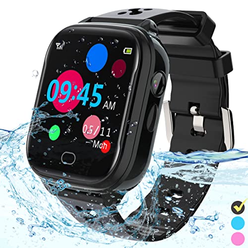 FRLONE Kinder-Smartwatch Telefon – IP67 Smartwatch Jungen Mädchen mit Touchscreen 5 Spiele Kamera Alarm SOS Anruf Digital Armbanduhr für 3-13 Jahre Kinder Geburtstagsgeschenk (Schwarz) von FRLONE