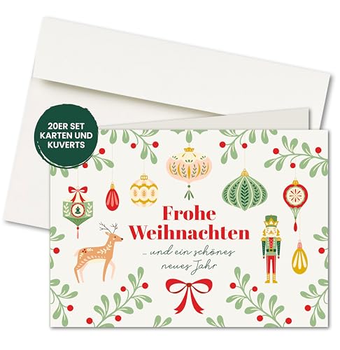 20x Weihnachtskarten & Umschläge, Motiv: Ornamente, Klappkarten A6, Creme, privat & geschäftlich von FRUITPRINTS