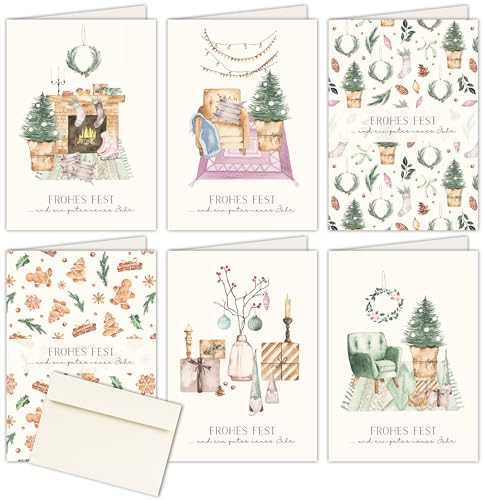 12x Weihnachtskarten & Umschläge, Motiv: Cozy Home, Klappkarten A6, Creme, privat & geschäftlich von FRUITPRINTS