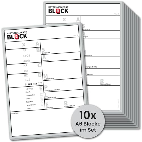 FRUITPRINTS I 10er Set Blöcke für den Rettungsdienst (Typ A) mit ABCDE-Schema I DIN A6 I 25 Seiten je Block von FRUITPRINTS