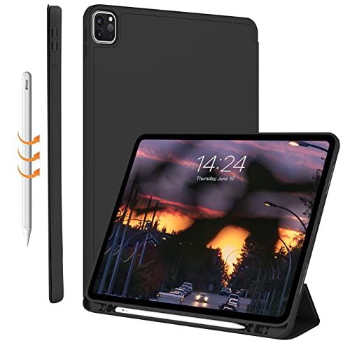 FSCOVER Hülle für iPad Pro 12,9 Zoll 2022/2021/2020 (6./5./4./3. Generation), Tri-fold Ständer Soft Back Shell Smart Schutzhülle mit Auto Wake/Sleep, Magnetbefestigung, Pencil 2. Aufladung, Schwarz von FSCOVER