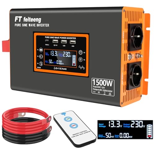 1500W Reiner Sinus-Wellenleistungsinverter, 12V DC bis 220V/230V AC-Konverter mit LCD-Display, USB-C-Anschluss und QC 3.0-Hafen für Camping-Notfallfahrzeuge Truck RV 1500W Reiner Sinus-Wellenleistungsinverter, 12V DC bis 220V/230V AC-Konverter mit LCD-Display, USB-C-Anschluss und QC 3.0-Hafen für Camping-Notfallfahrzeuge Truck RV von FT feiteeng