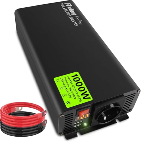 Reiner Sinus Wechselrichter 12V DC auf 220V/230V AC LED Display Dual 5V/3.4A USB-Anschlüsse, geeignet für Camping, Wohnmobil, LKW (1000W) von FT feiteeng
