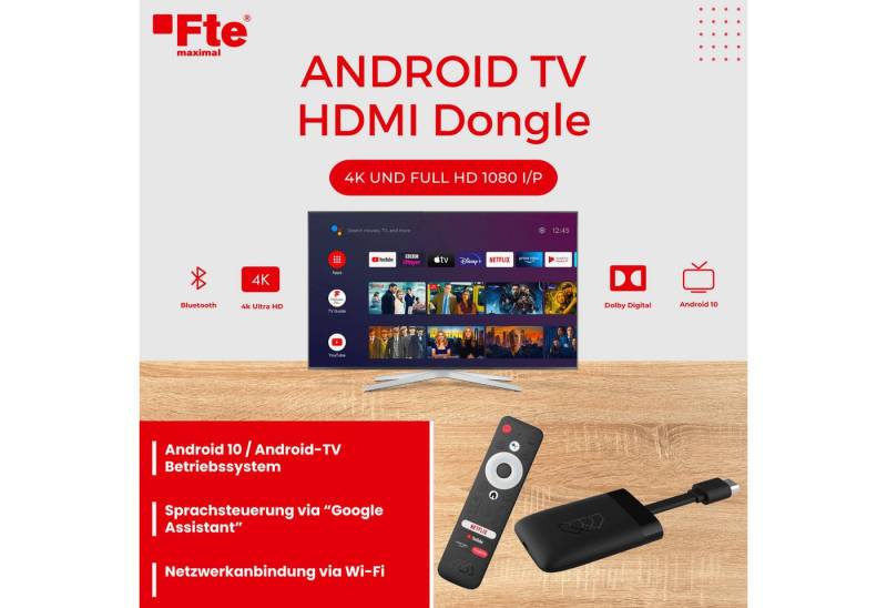 FTE Streaming-Box Zertifizierter Android TV HDMI Dongle von FTE